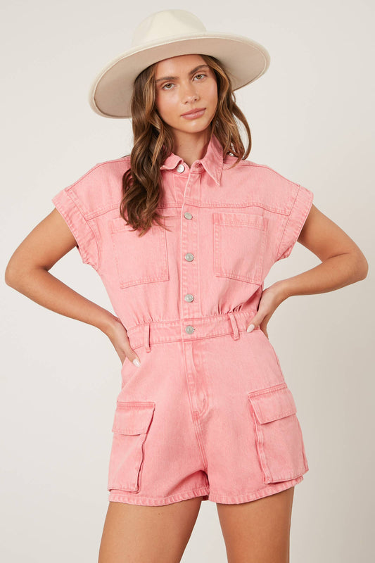 Cargo Pocket Washed Denim Romper